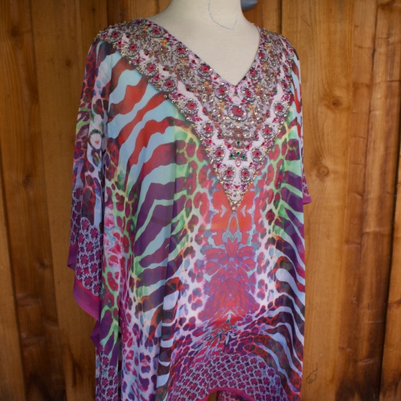 Miss G Bags Bejeweled Animal Print Chiffon Kaftan Poncho Blouse Size M - Picture 10 of 16